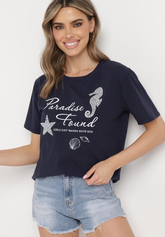 Granatowy Klasyczny Bawełniany T-shirt z Krótkim Rękawem z Nadrukiem Ozdobiony Perełkami Tiavenna 4