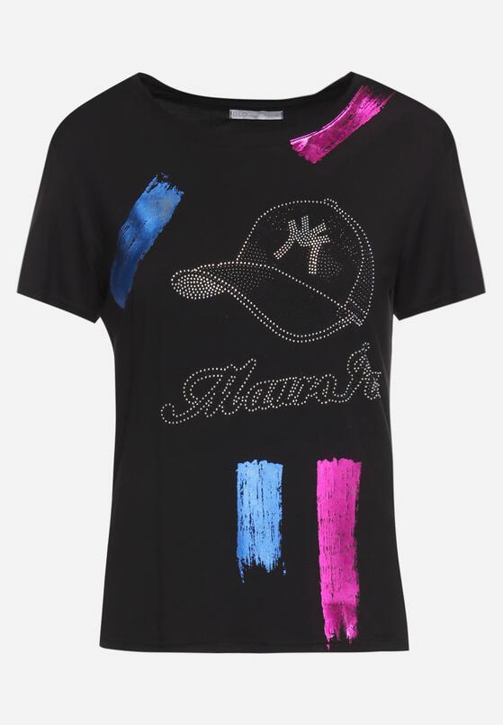 Czarny Bawełniany T-shirt z Krótkim Rękawem Ozdobiony Nadrukiem z Cyrkoniami Abilena 6