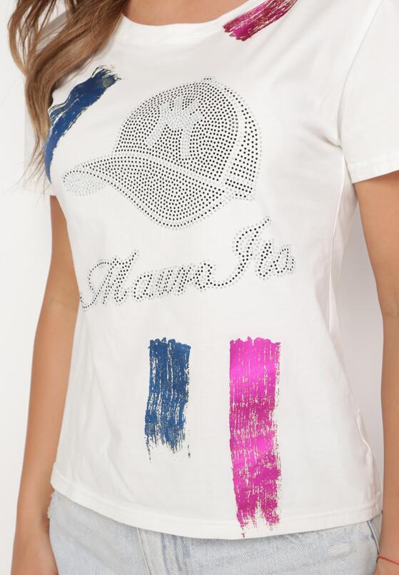Biały Bawełniany T-shirt z Krótkim Rękawem Ozdobiony Nadrukiem z Cyrkoniami Abilena 5