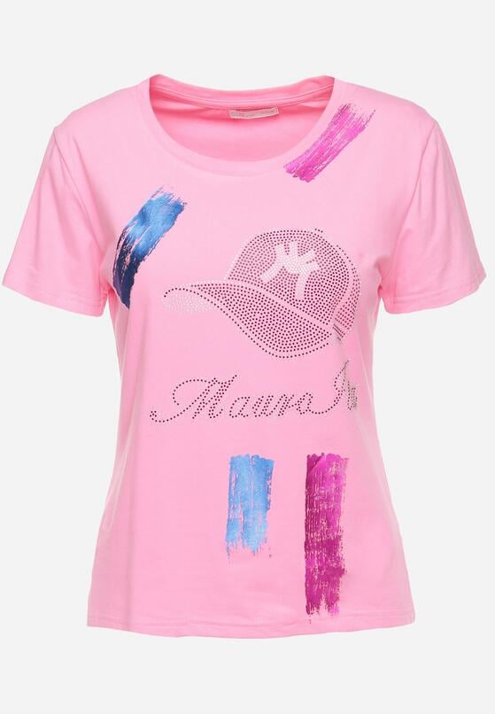Różowy Bawełniany T-shirt z Krótkim Rękawem Ozdobiony Nadrukiem z Cyrkoniami Abilena 6