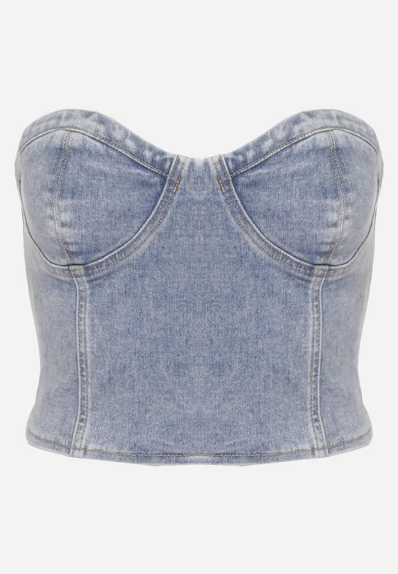 Niebieski Jeansowy Top o Gorsetowym Fasonie bez Ramiączek z Marszczoną Gumką z Tyłu Claricella 6