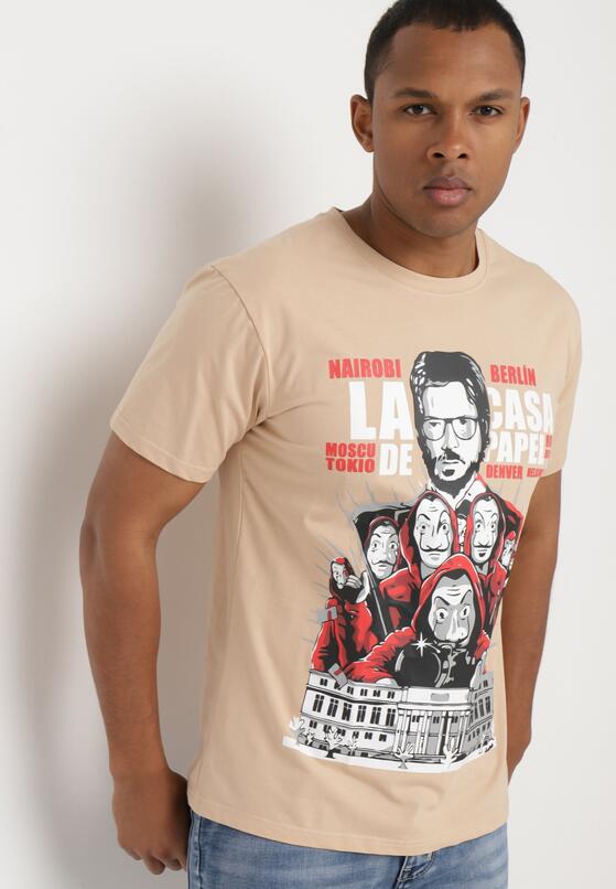 Beżowy Klasyczny T-shirt z Bawełny z Dużym Nadrukiem Gunelia 1