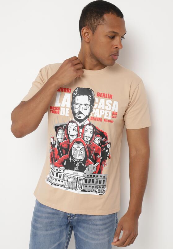 Beżowy Klasyczny T-shirt z Bawełny z Dużym Nadrukiem Gunelia 2