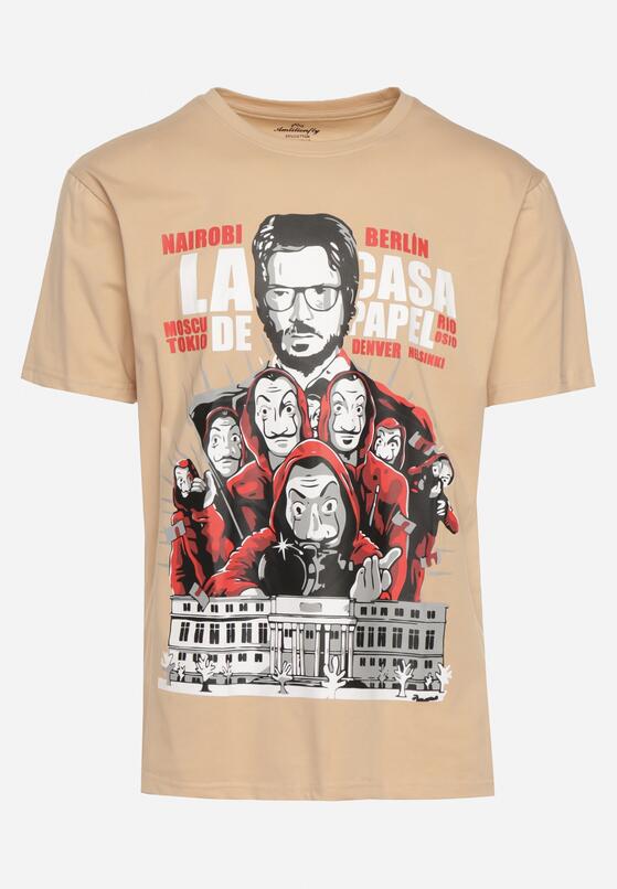 Beżowy Klasyczny T-shirt z Bawełny z Dużym Nadrukiem Gunelia 6