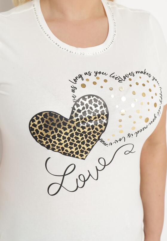Biały Bawełniany T-shirt Koszulka z Krótkim Rękawem Zdobiona Nadrukiem i Cyrkoniami Corila 5