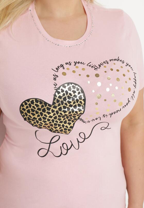 Różowy Bawełniany T-shirt Koszulka z Krótkim Rękawem Zdobiona Nadrukiem i Cyrkoniami Corila 5