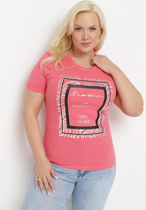 Różowy Bawełniany T-shirt Koszulka z Krótkim Rękawem Ozdobiona Nadrukiem i Cyrkoniami Codara 1