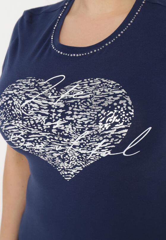 Granatowy T-shirt Bawełniany z Krótkim Rękawem i Metalicznym Nadrukiem oraz Cyrkoniami Sanesti 5