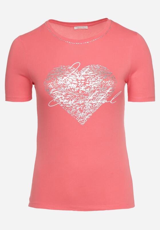 Różowy T-shirt Bawełniany z Krótkim Rękawem i Metalicznym Nadrukiem oraz Cyrkoniami Sanesti 6
