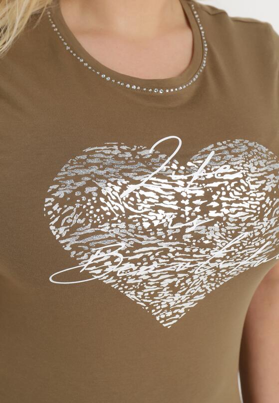Ciemnozielony T-shirt Bawełniany z Krótkim Rękawem i Metalicznym Nadrukiem oraz Cyrkoniami Sanesti 5