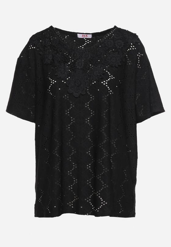 Czarny Klasyczny Ażurowy T-shirt z Krótkim Rękawem Ninnia 6