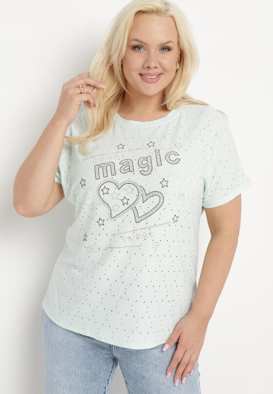 Miętowy T-shirt Ażurowy z Ozdobnymi Cyrkoniami Cevola 4