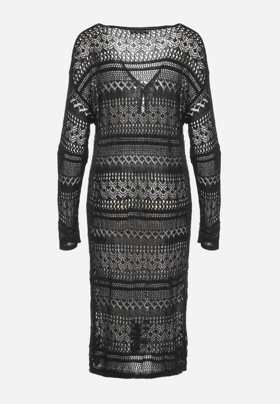 Czarny Kardigan Narzutka o Ażurowym Wykończeniu w Stylu Boho Sanalia 7