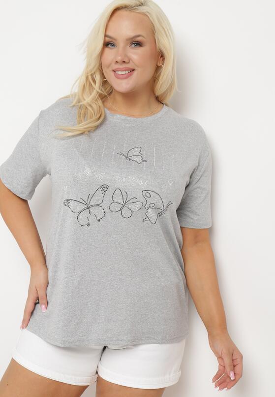 Szary T-shirt z Ozdobnym Nadrukiem i Cyrkoniami Moariss 4