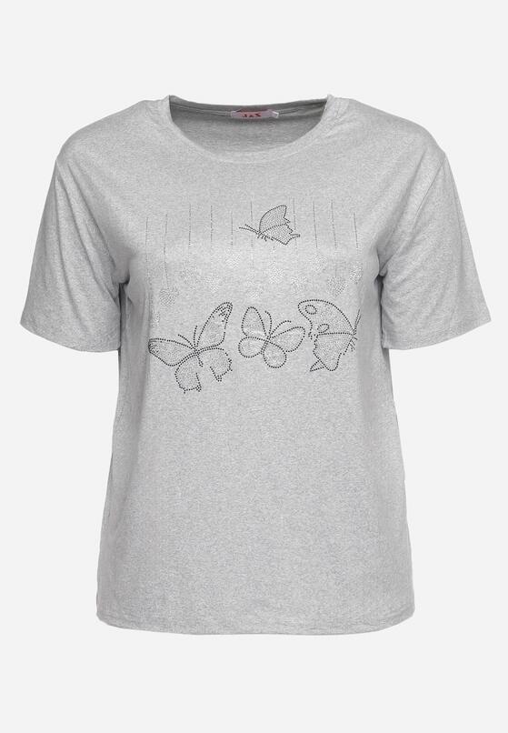 Szary T-shirt z Ozdobnym Nadrukiem i Cyrkoniami Moariss 6