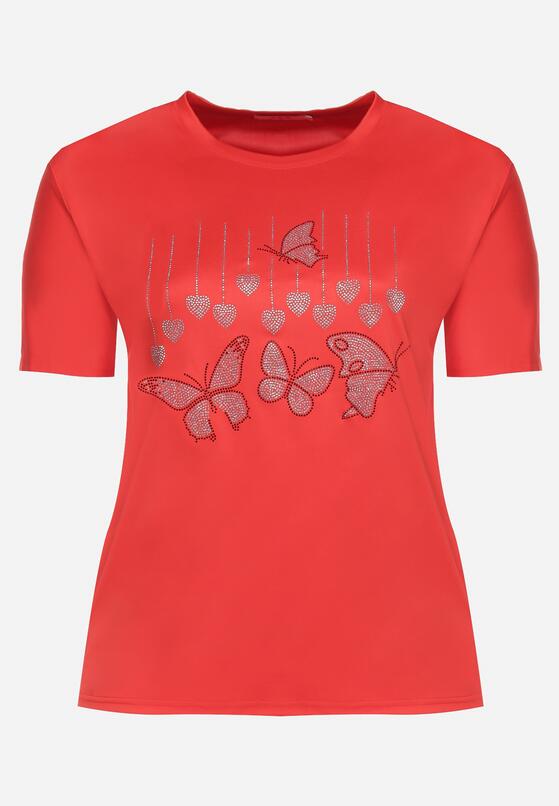 Czerwony T-shirt z Ozdobnym Nadrukiem i Cyrkoniami Moariss 6