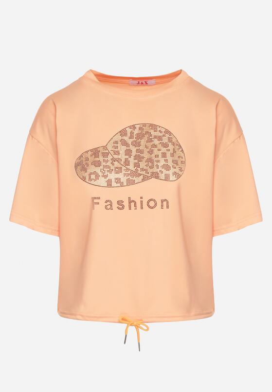 Pomarańczowy T-shirt Ściągany na Dole Troczkiem z Cyrkoniami i Nadrukiem Moasstra 6