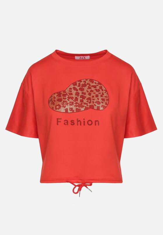 Czerwony T-shirt Ściągany na Dole Troczkiem z Cyrkoniami i Nadrukiem Moasstra 6