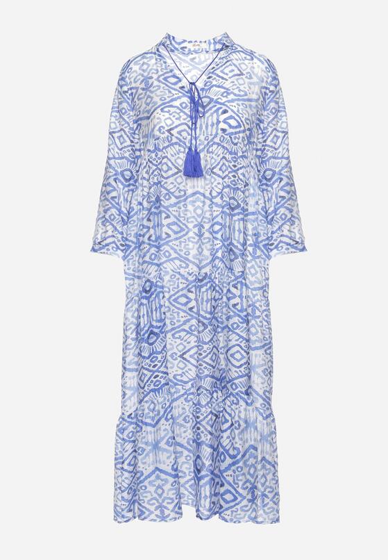 Niebieska Rozkloszowana Sukienka w Stylu Boho Wiązana przy Dekolcie z Falbankami Dimasia 6