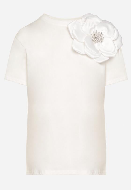 Biały Bawełniany T-shirt z Krótkim Rękawem i Aplikacją w Kształcie Kwiatu z Cyrkoniami Dimantee 6