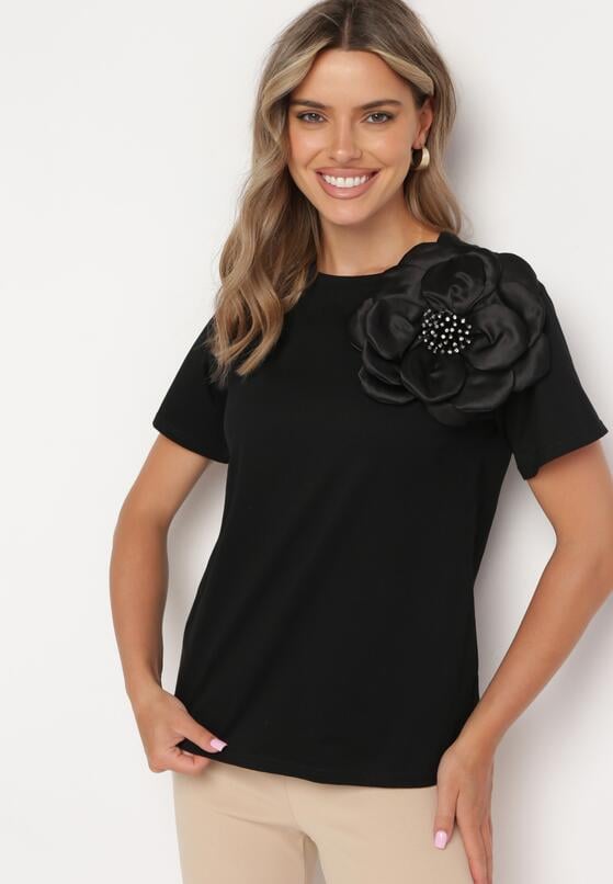 Czarny Bawełniany T-shirt z Krótkim Rękawem i Aplikacją w Kształcie Kwiatu z Cyrkoniami Dimantee 4