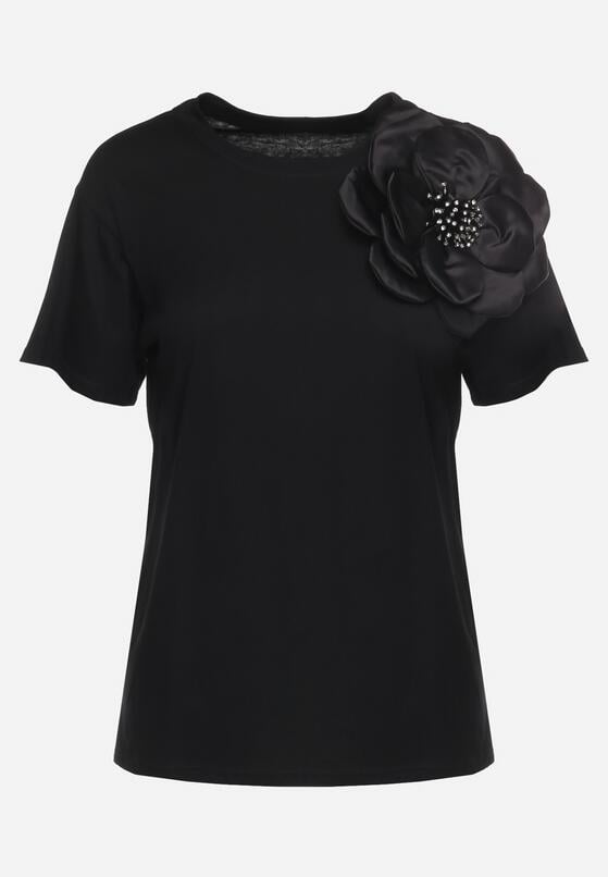 Czarny Bawełniany T-shirt z Krótkim Rękawem i Aplikacją w Kształcie Kwiatu z Cyrkoniami Dimantee 6