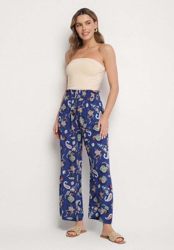 Niebieskie Spodnie z Bawełny z w Stylu Boho z Szerokimi Nogawkami i Gumką w Talii Jelvia 4