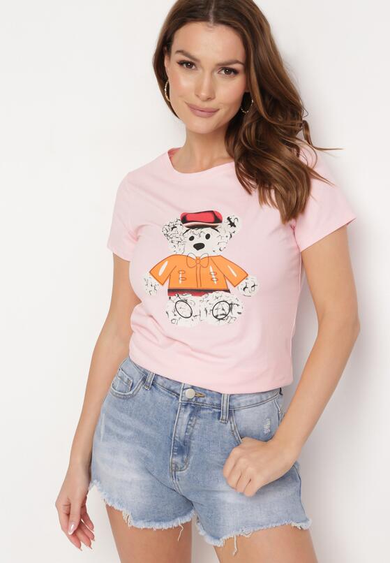 Jasnoróżowy T-shirt Bawełniany z Nadrukiem Rusolia 1