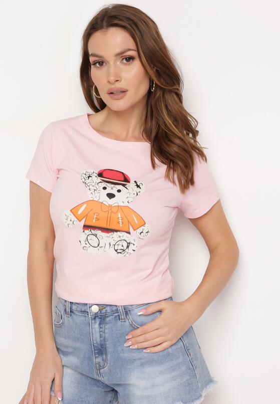 Jasnoróżowy T-shirt Bawełniany z Nadrukiem Rusolia 2