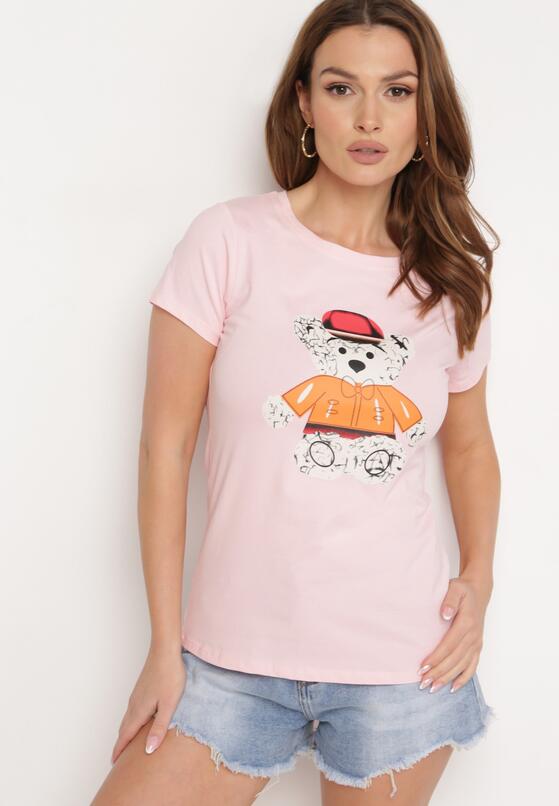 Jasnoróżowy T-shirt Bawełniany z Nadrukiem Rusolia 4