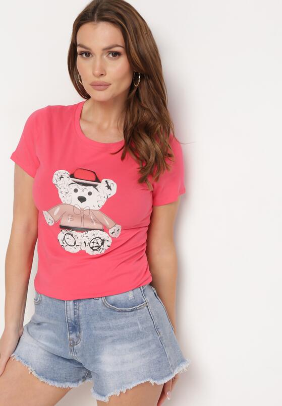 Różowy T-shirt Bawełniany z Nadrukiem Rusolia 1