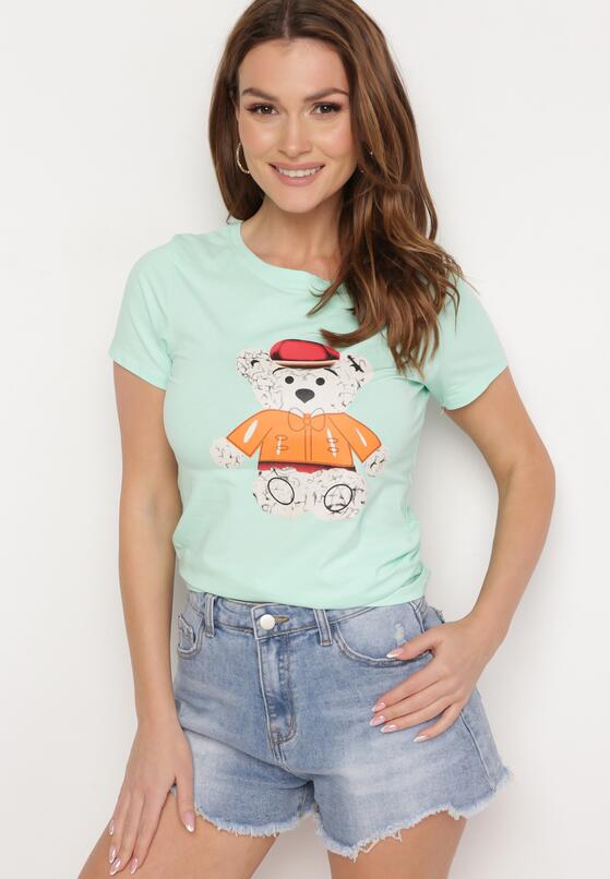 Miętowy T-shirt Bawełniany z Nadrukiem Rusolia 2