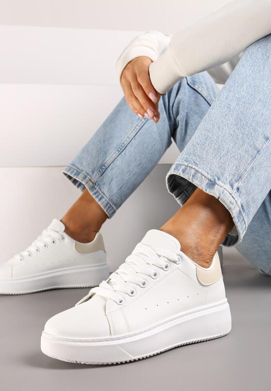 Biało-Beżowe Klasyczne Sznurowane Sneakersy na Grubej Podeszwie Tiadorae 2