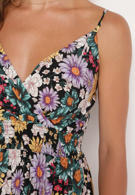 Czarno-Fioletowa Sukienka na Ramiączkach z Gumką w Pasie i Kopertowym Dekoltem Tiamaline 5