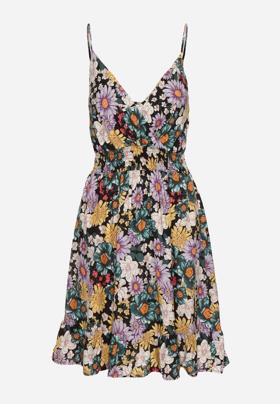 Czarno-Fioletowa Sukienka na Ramiączkach z Gumką w Pasie i Kopertowym Dekoltem Tiamaline 6