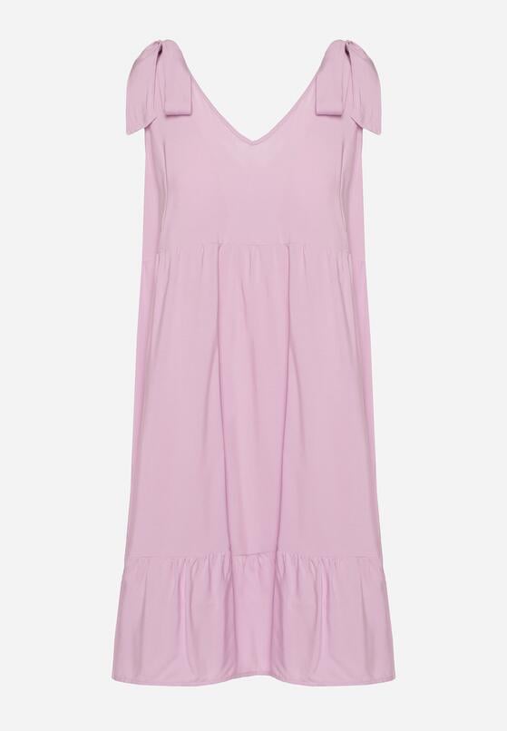 Fioletowa Sukienka na Wiązanych Ramiączkach o Rozkloszowanym Kroju z Trójkątnym Dekoltem Tiamaty 6