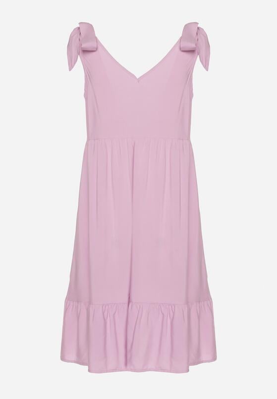 Fioletowa Sukienka na Wiązanych Ramiączkach o Rozkloszowanym Kroju z Trójkątnym Dekoltem Tiamaty 7