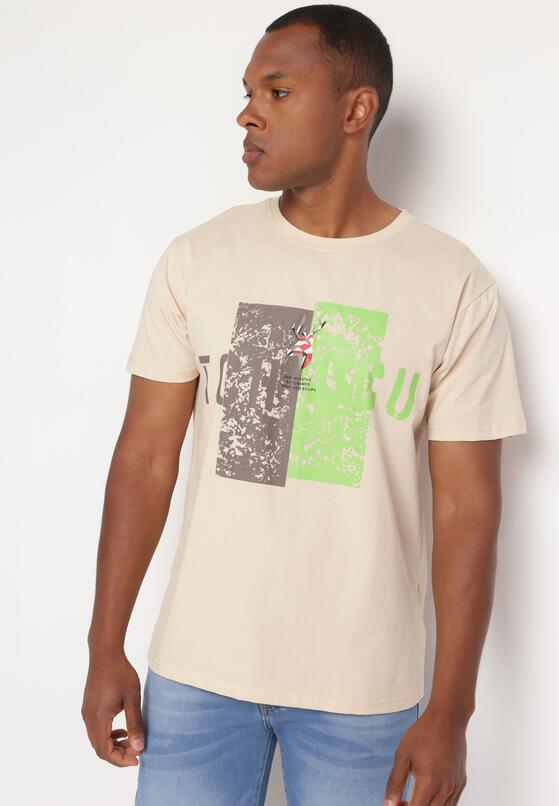Beżowa Bawełniana Koszulka T-Shirt z Krótkim Rękawem i Ozdobnym Nadrukiem Branessa 2