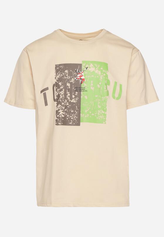Beżowa Bawełniana Koszulka T-Shirt z Krótkim Rękawem i Ozdobnym Nadrukiem Branessa 6