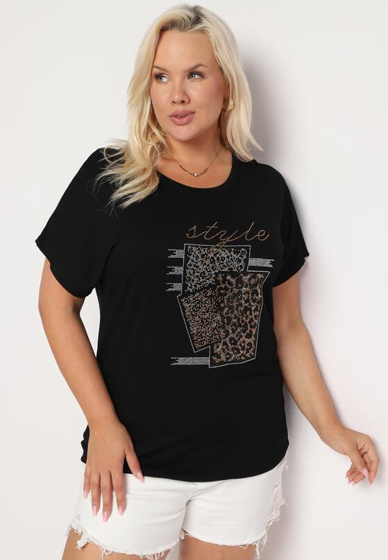 Czarny Bawełniany T-shirt z Ozdobnym Napisem i Cyrkoniami Krisiona 2