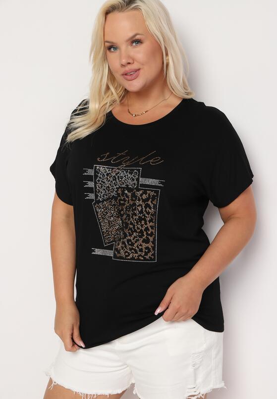 Czarny Bawełniany T-shirt z Ozdobnym Napisem i Cyrkoniami Krisiona 4
