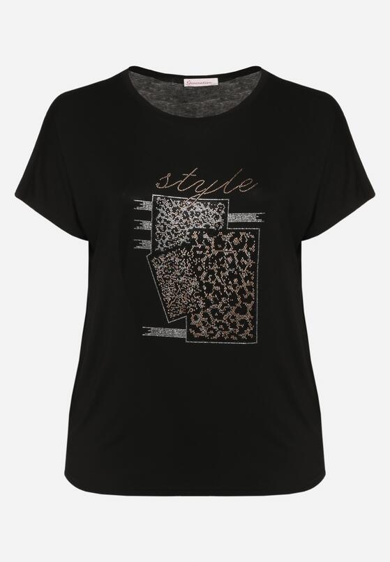 Czarny Bawełniany T-shirt z Ozdobnym Napisem i Cyrkoniami Krisiona 6