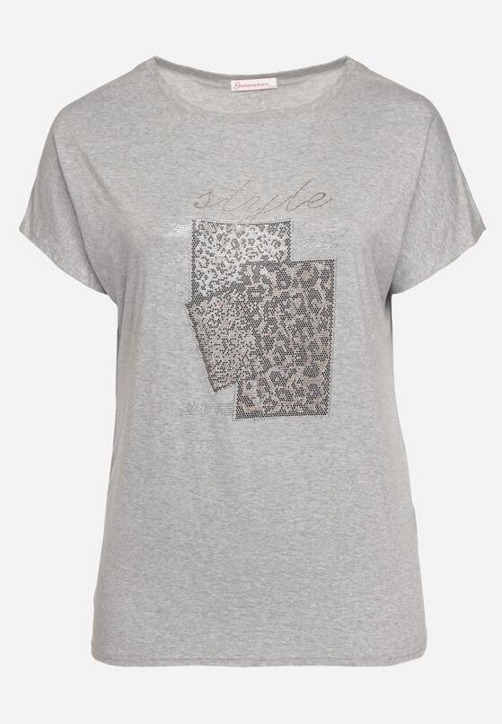 Szary Bawełniany T-shirt z Ozdobnym Napisem i Cyrkoniami Krisiona 2
