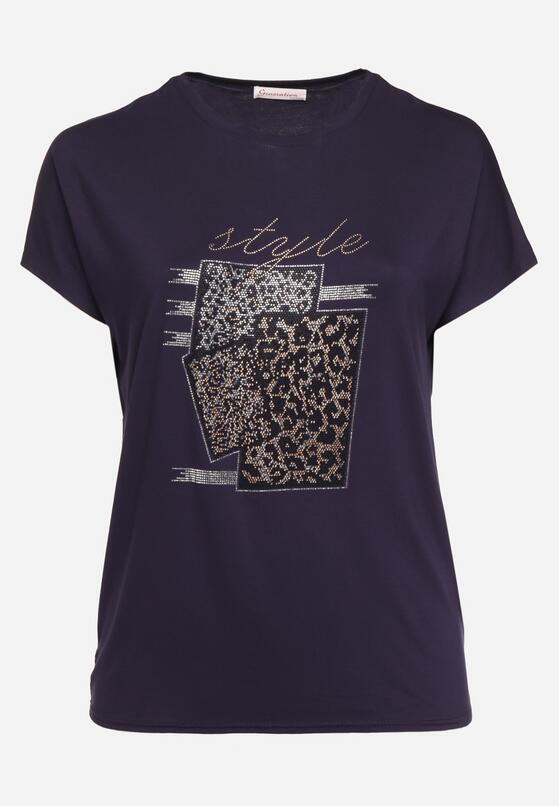 Granatowy Bawełniany T-shirt z Ozdobnym Napisem i Cyrkoniami Krisiona 2
