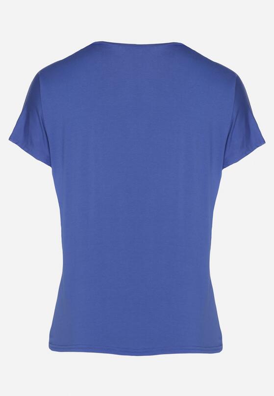 Niebieski Bawełniany T-shirt z Ozdobnym Napisem i Cyrkoniami Krisiona 7