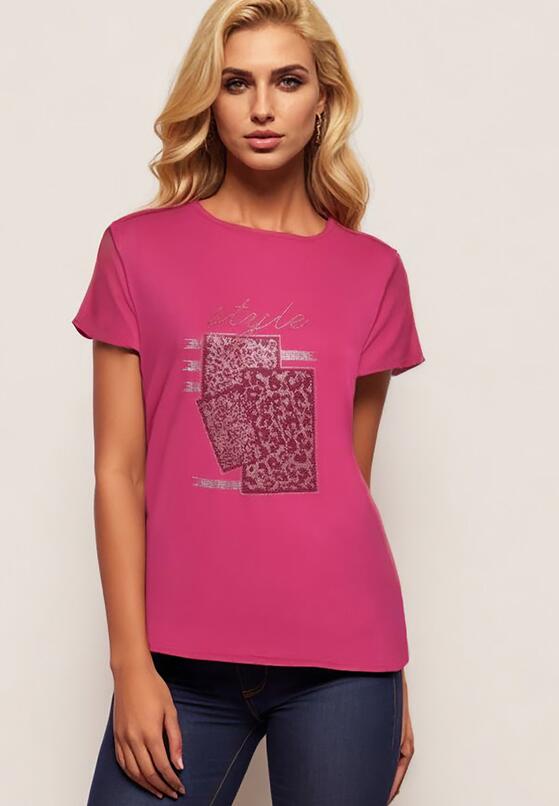 Ciemnoróżowy Bawełniany T-shirt z Ozdobnym Napisem i Cyrkoniami Krisiona 1