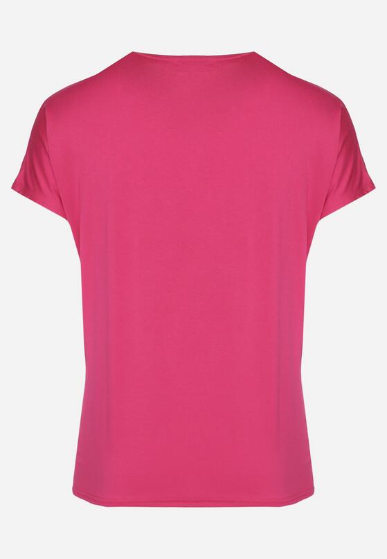 Ciemnoróżowy Bawełniany T-shirt z Ozdobnym Napisem i Cyrkoniami Krisiona 3