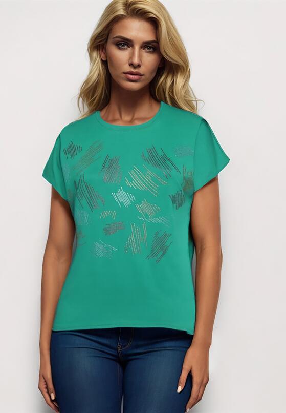 Zielony Klasyczny Bawełniany T-shirt Ozdobiony Cyrkoniami Christara 1