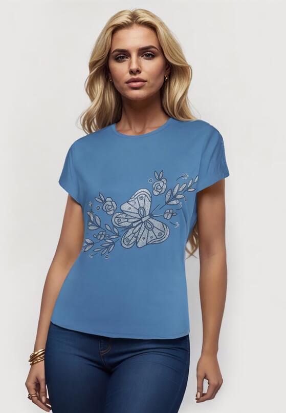 Jasnoniebieski Klasyczny Bawełniany T-shirt z Nadrukiem Wiloa 3