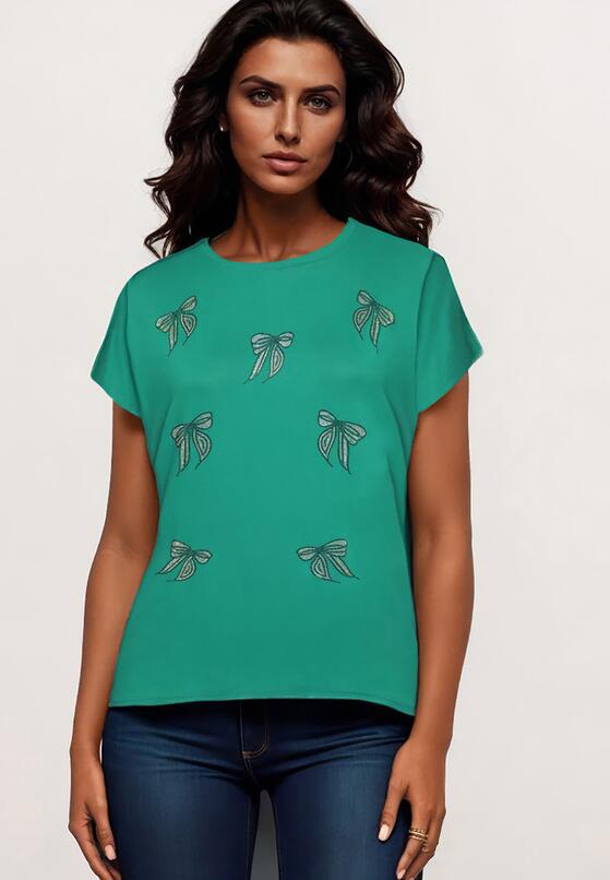 Zielony T-shirt z Bawełny z Kokardkami Ozdobionymi Cyrkoniami Rissamore 1